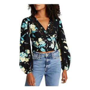 River Island Floral Print Corset Top Black Yellow Lace Trim Long Sleeve 12